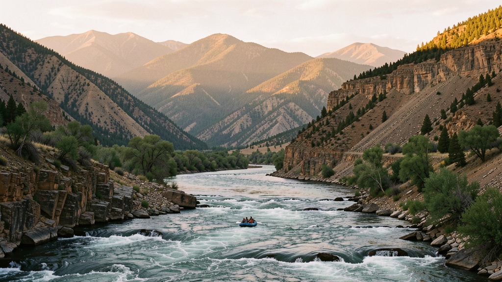 Whitewater raft navigating an Idaho canyon river